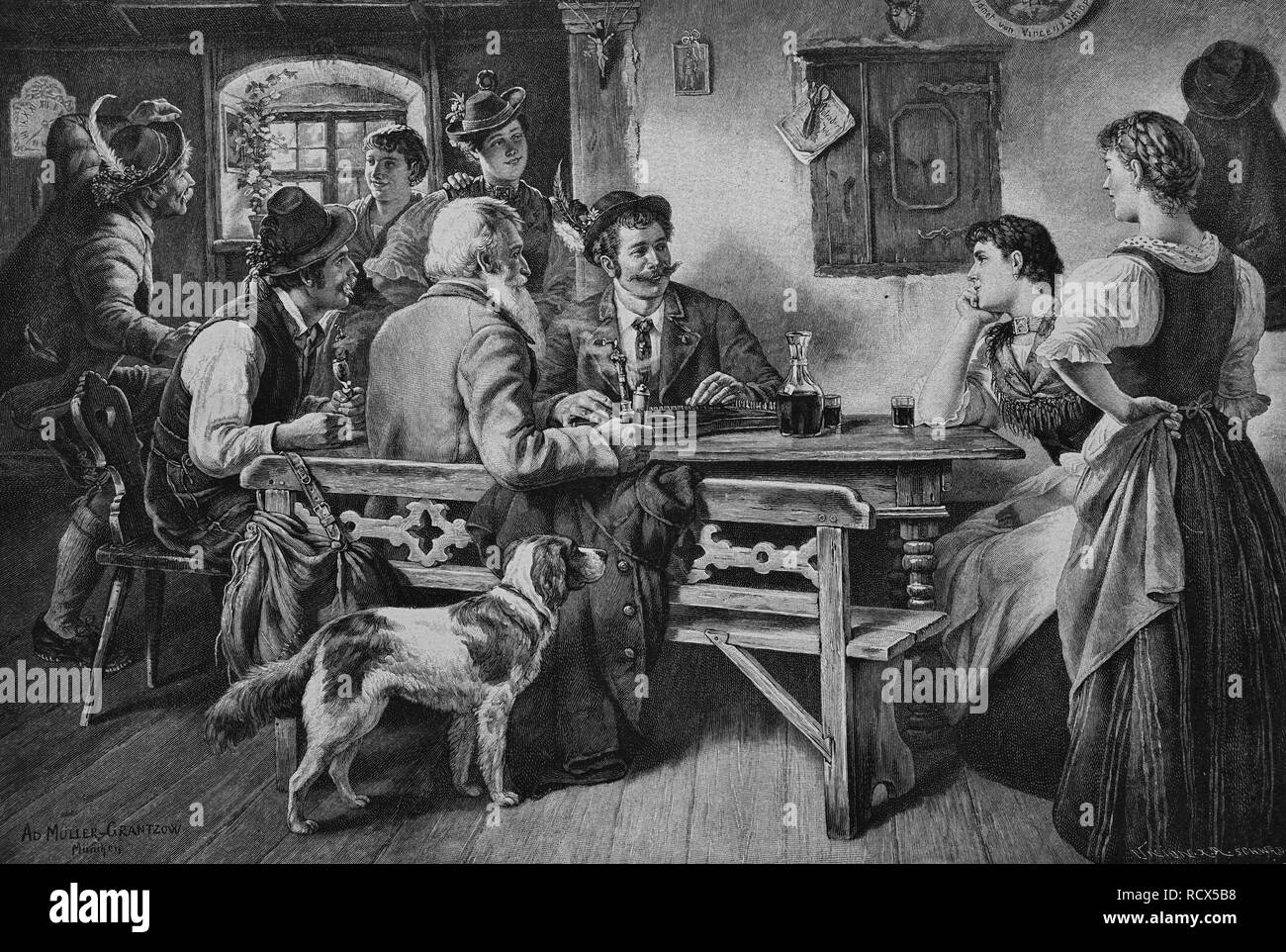 Wooing nel salotto di un ricco agricoltore, xilografia, storica incisione, 1899 Foto Stock