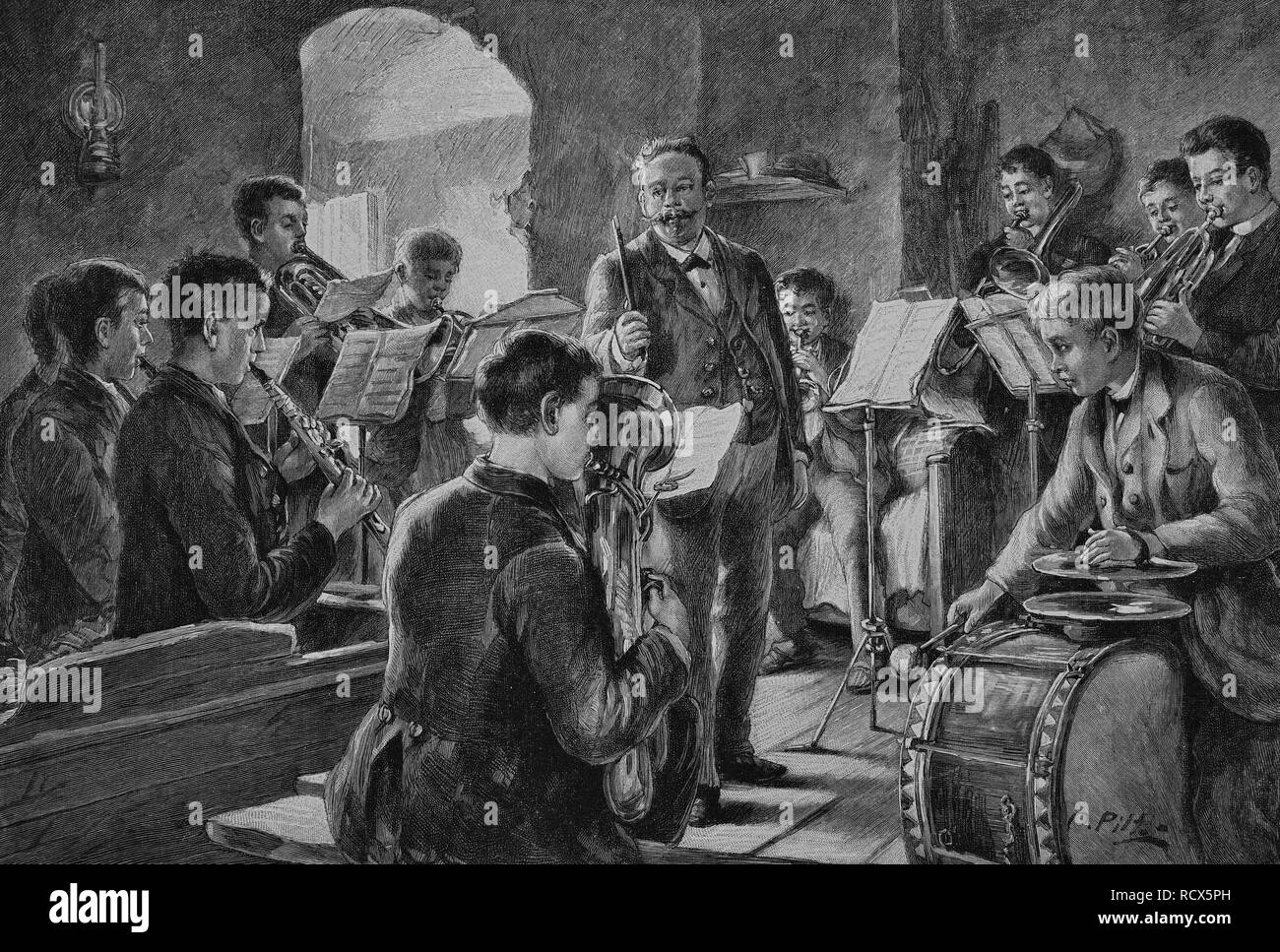 Prova Orchestra, xilografia, 1888, incisione storica Foto Stock