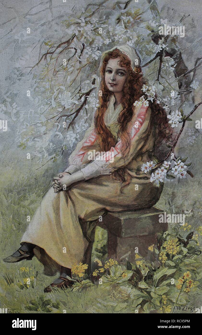 Giovane donna in primavera, xilografia, 1888, incisione storica Foto Stock