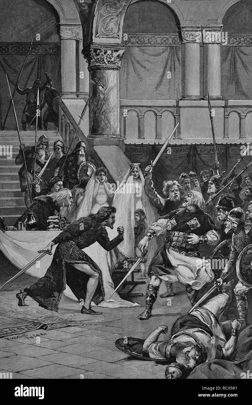 "Tre Garzetta piume', Principe Witte uccide il duca Widwolf in un duello, da Hermann Sudermann, 1857-1928, autore tedesco e il drammaturgo Foto Stock