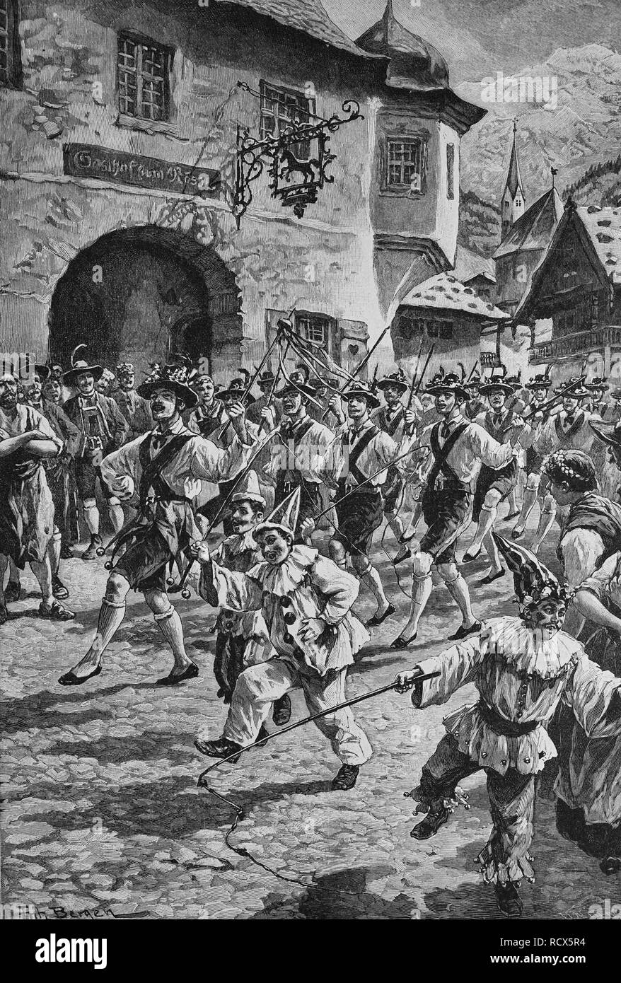 Campanile a battere in Tirolo, xilografia, 1888, incisione storica Foto Stock