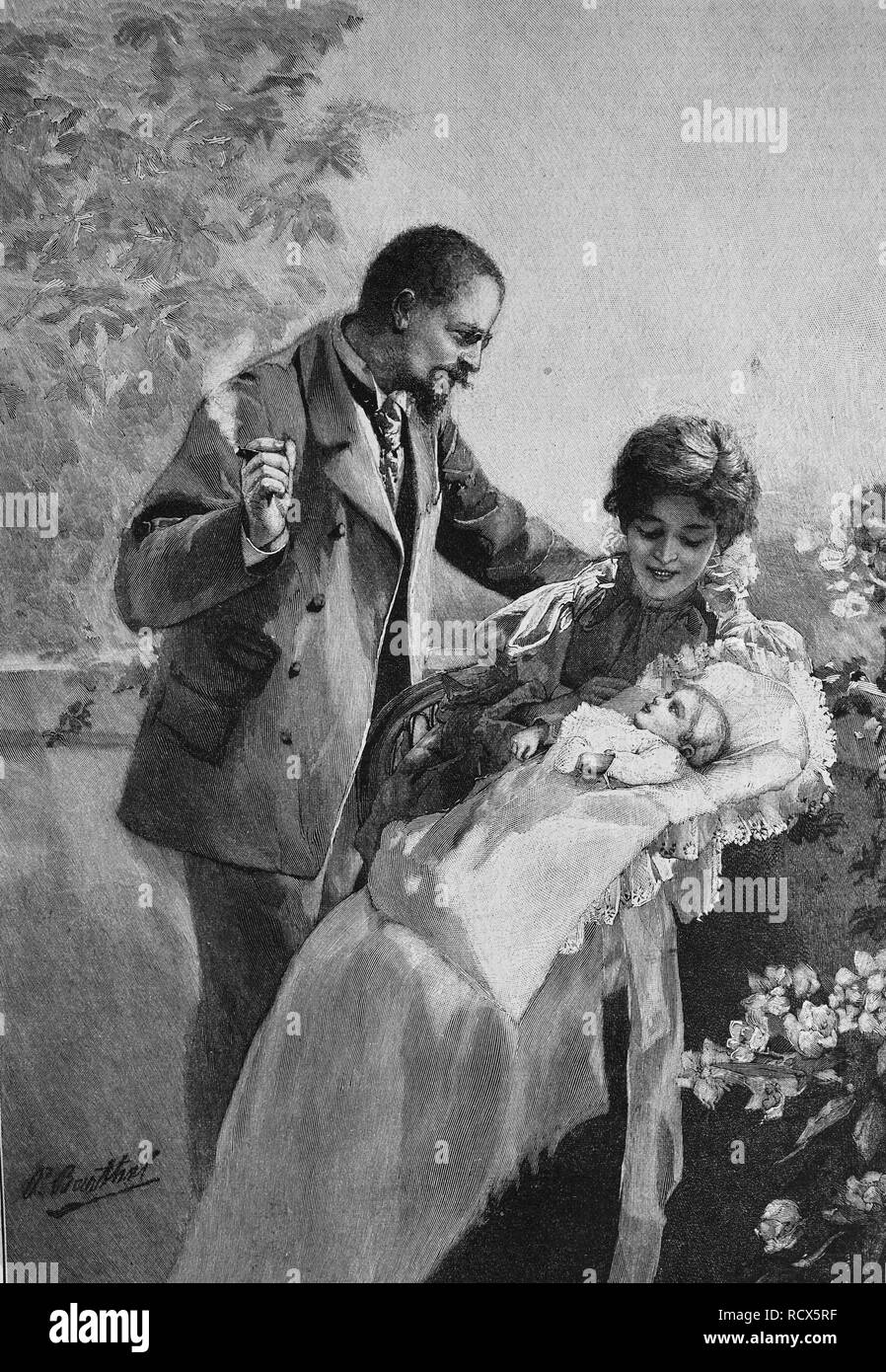 Giovane famiglia con bambino, xilografia, 1888, incisione storica Foto Stock