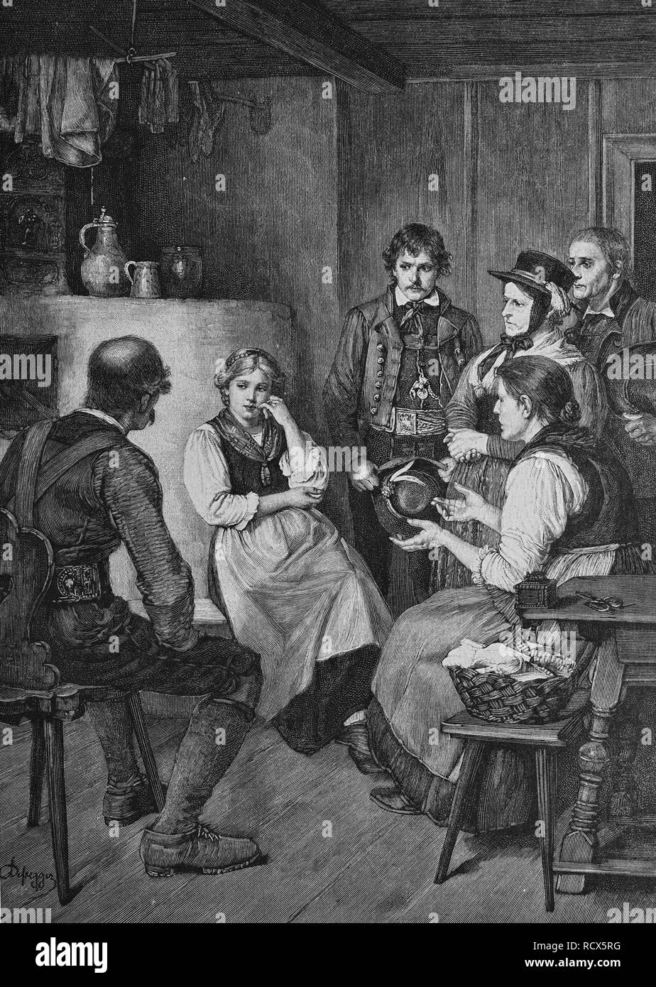 Il corteggiamento, xilografia, 1888, incisione storica Foto Stock