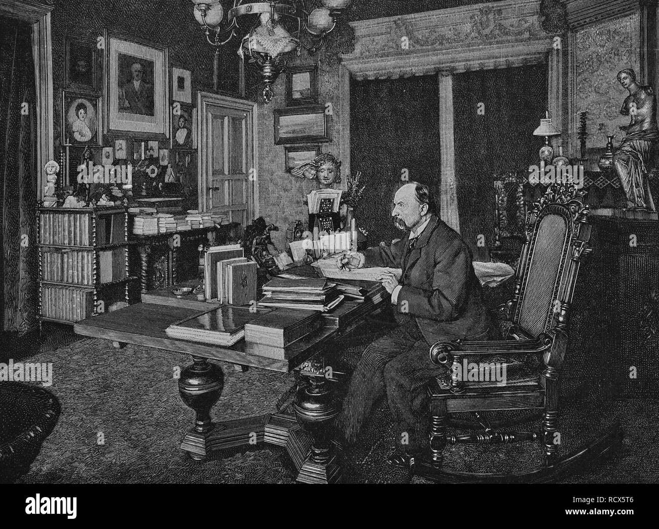 Friedrich Spielhagen seduta nel suo studio, 1829-1911, autore tedesco, xilografia, 1888, incisione storica Foto Stock