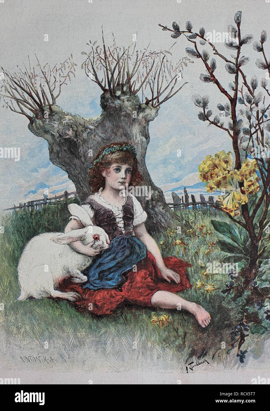 Ragazza con bunny, Pasqua, xilografia, 1888, incisione storica Foto Stock
