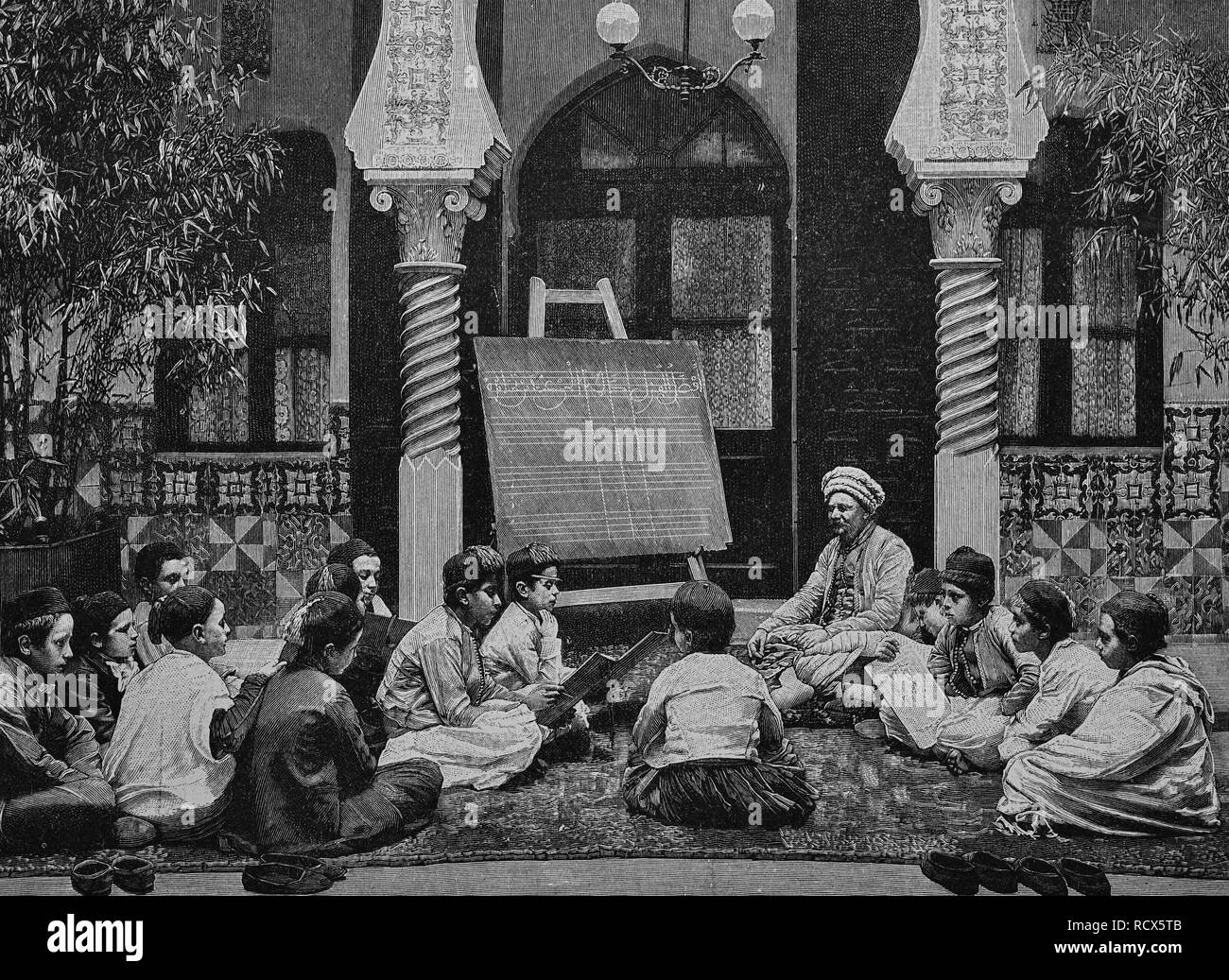 Arab corano scuola in Algeri, xilografia, 1888, incisione storica Foto Stock