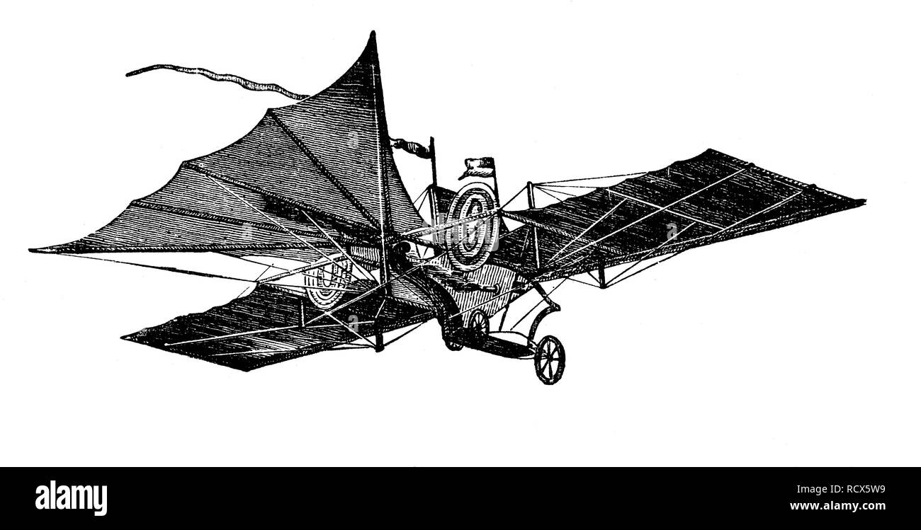 Henson's flying macchina del 1840, xilografia, 1888, incisione storica Foto Stock