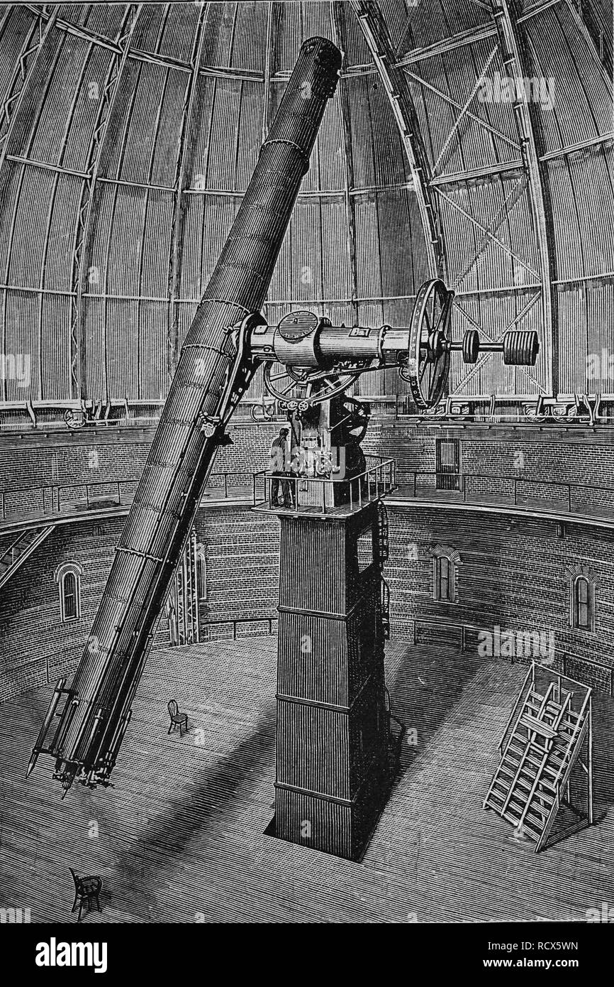 Telescopio gigante presso l'Osservatorio Nerkes, xilografia, 1888, incisione storica Foto Stock