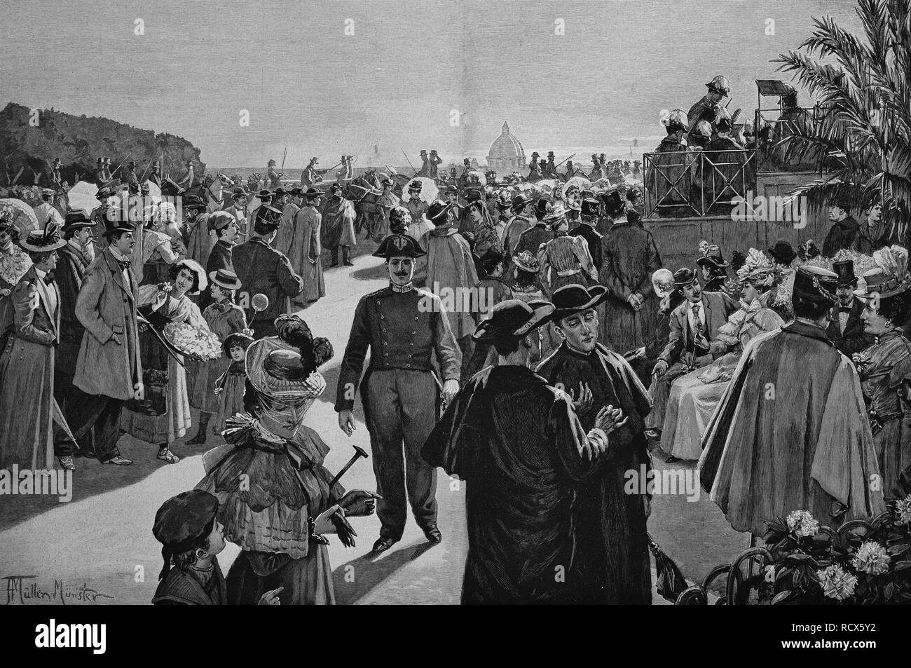 La gente sul Pincio a Roma nel pomeriggio, Italia, xilografia, 1888 Foto Stock