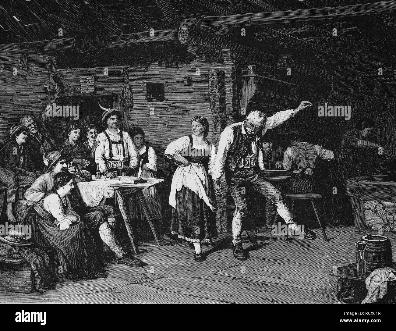 La danza presso la baita di montagna di sera, incisione su legno, c 1880 Foto Stock