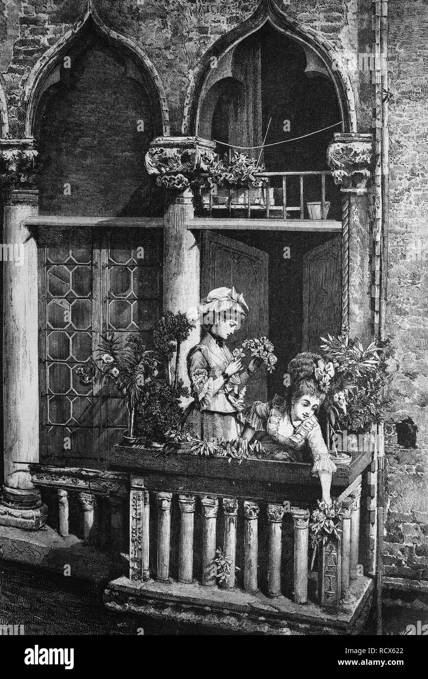 Balcone veneziano, Italia, incisione su legno, c 1880 Foto Stock
