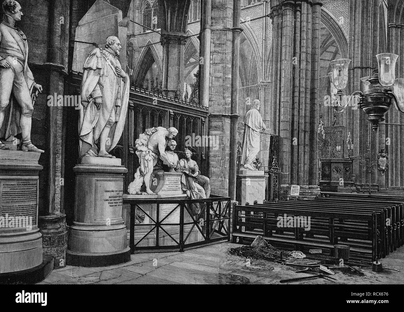 Angolo di statisti, l'Abbazia di Westminster, Londra, Inghilterra, incisione su legno, circa 1880 Foto Stock