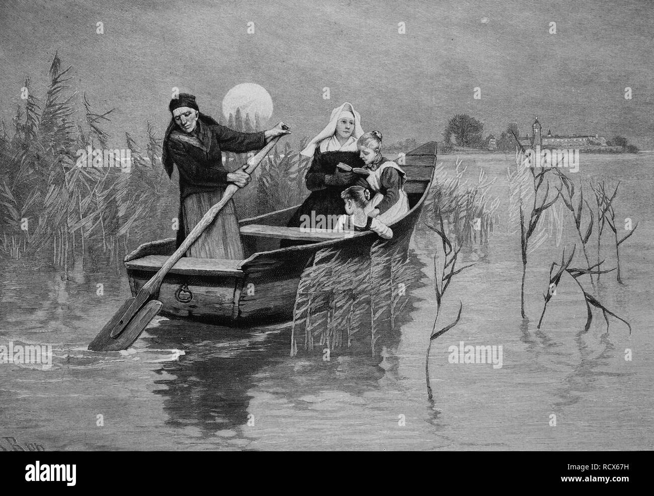 Gita in barca sul lago Chiemsee in serata, Baviera, Germania, incisione su legno, circa 1880 Foto Stock