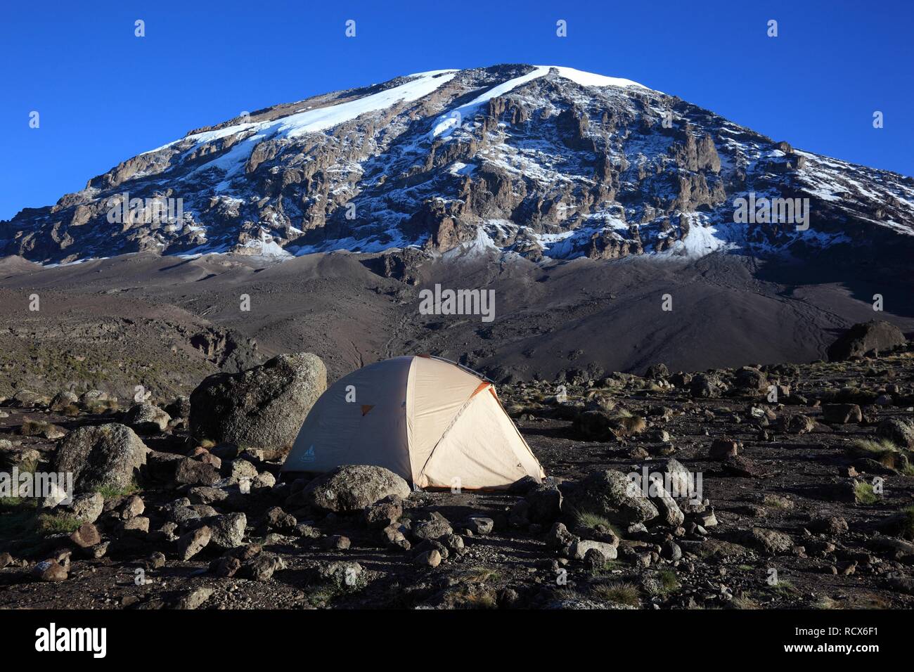 Tenda con una vista verso la cima del Monte Kilimanjaro, come si vede dal  Barranco Hut, Tanzania Africa Foto stock - Alamy