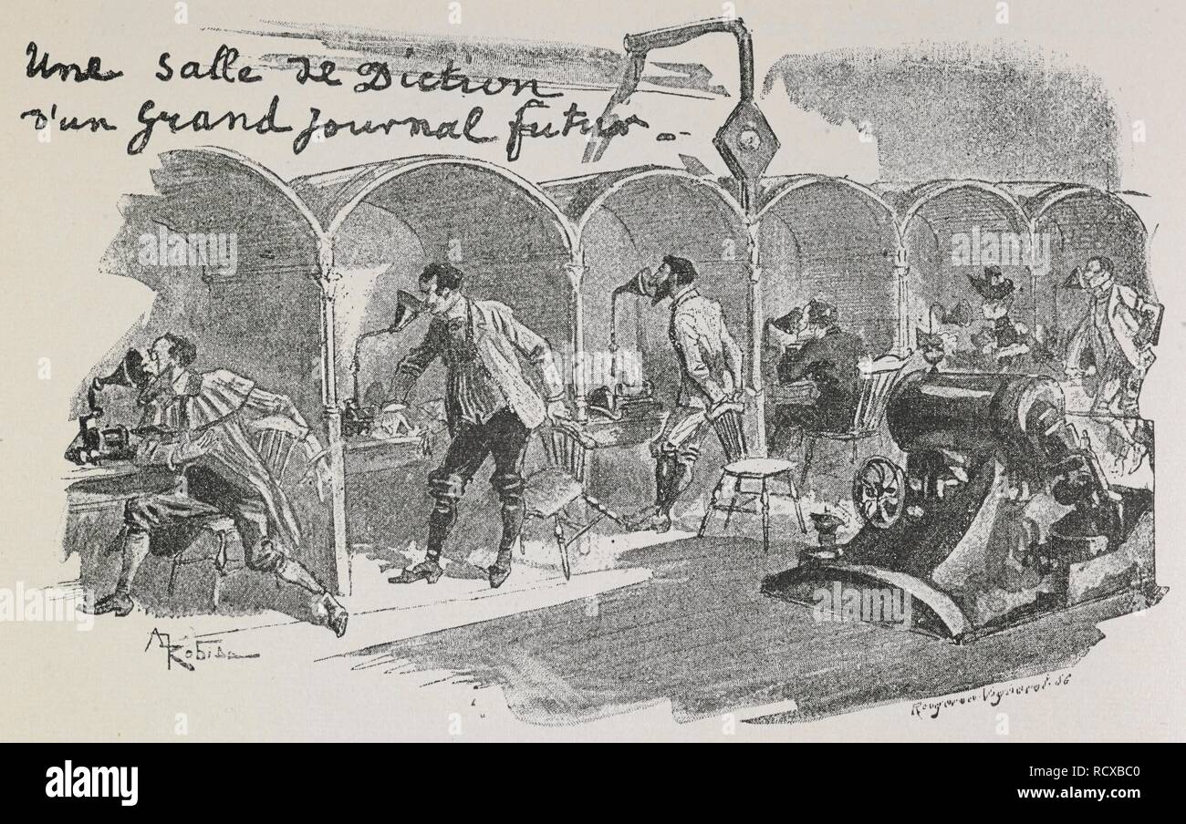 Scrittori parlando in macchine di registrazione, in capanne. Un avveniristico vista sul tema della fine di libri. 'La Fin de livres' nel contes pour les bibliophiles ... Nombreuses illustrazioni, ecc. Parigi, 1895. Fonte: 12513.m.22 pagina 144. Lingua: Francese. Autore: ROBIDA ALBERT. UZANNE, ottava. Foto Stock