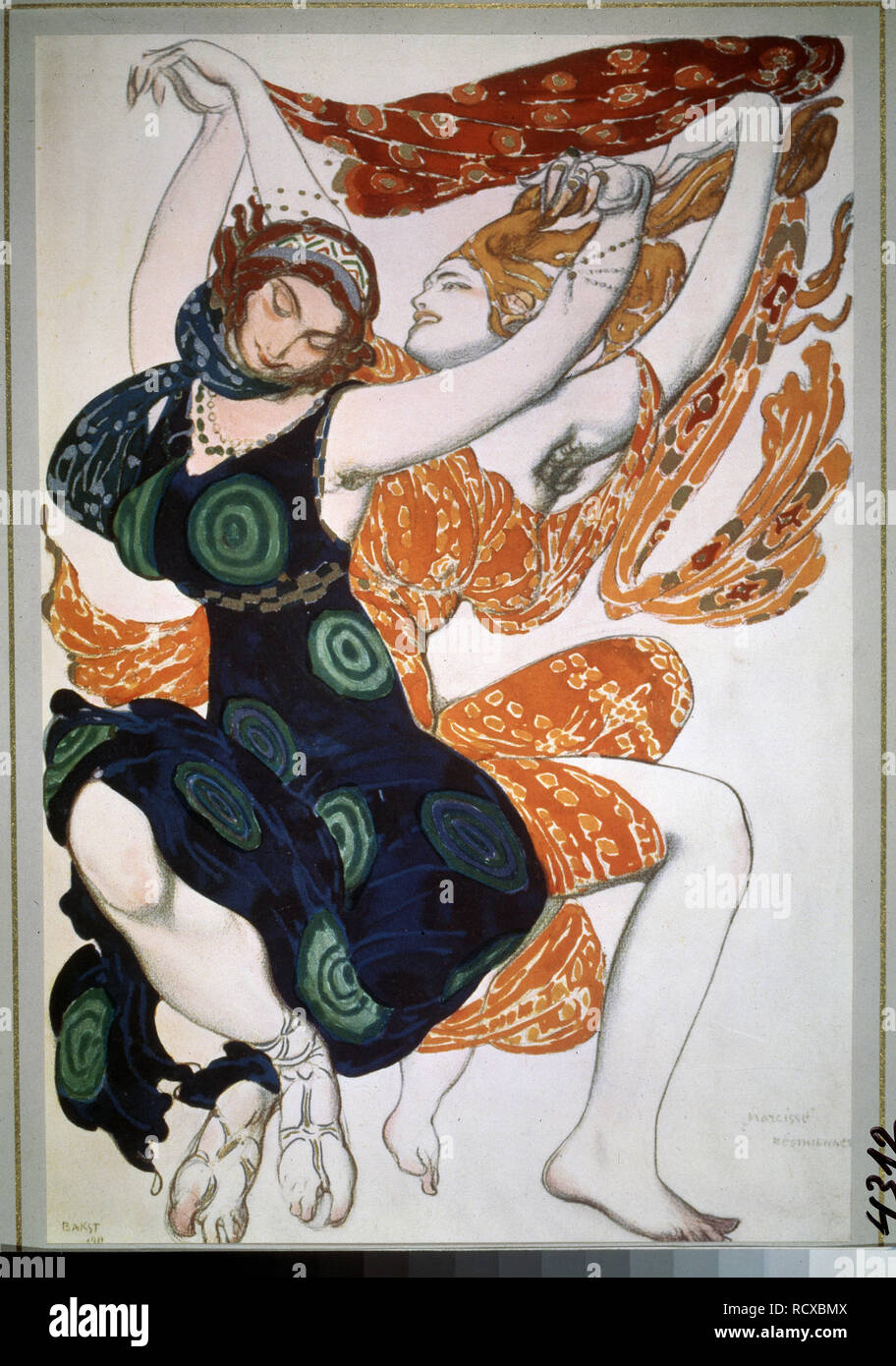 Due Béotiennes. Disegno di costumi per il balletto Narcisse da N. Tcherepnin. Museo: Collezione privata. Autore: Bakst, Leon. Foto Stock