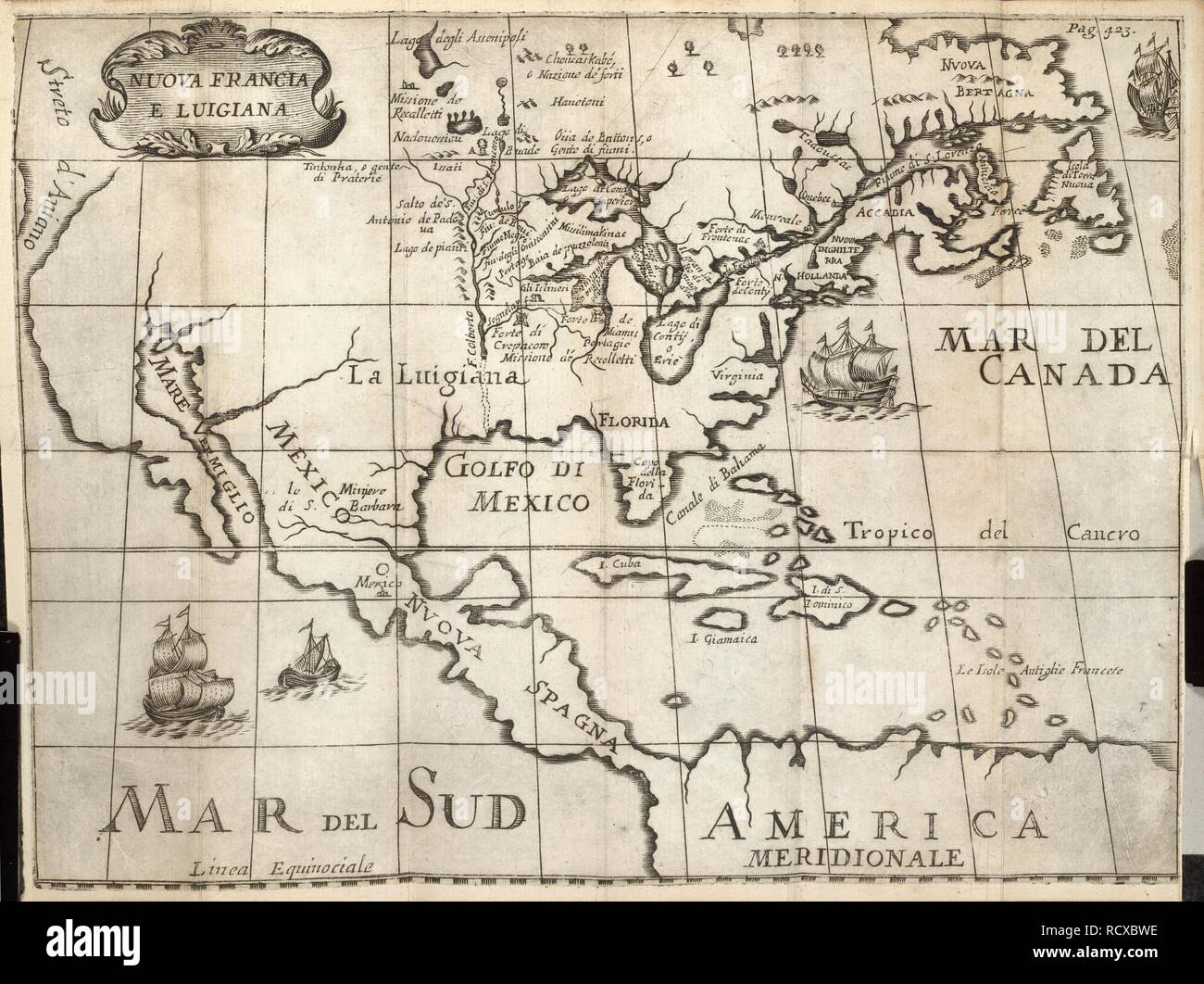 Mappa che mostra il Golfo del Messico; Florida; Cuba; Giamaica (le Grandi e Piccole Antille); e Sud America. Il Genio vagante. Biblioteca curiosa di cento, e piÃ¹ relazioni di viaggi stranieri de' nostri tempi. Raccolta dal Signor Conte A. degli anzi, ecc. Parma, 1691-93. Fonte: 1050.a.1-4 volume 4, 423. Lingua: Italiano. Autore: anzi, Aurelio degli, Conteggio, pseud. [Valerio Zani]. Foto Stock