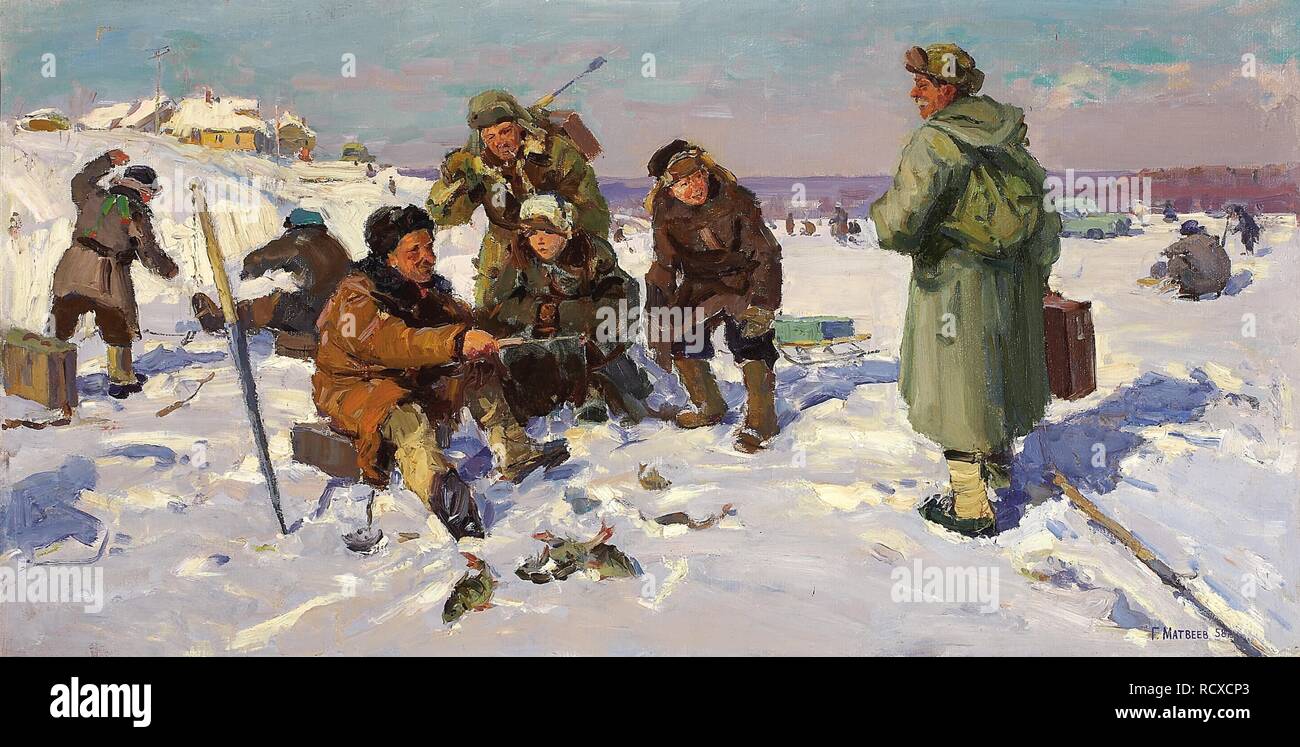 Pesca d'inverno. Museo: Collezione privata. Autore: Matveyev, Gennady. Foto Stock