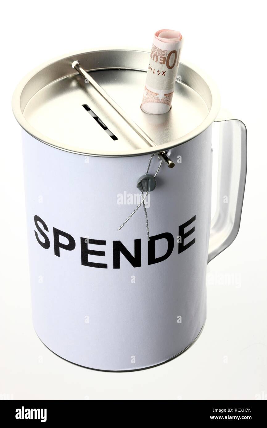 Donazione casella spende, Tedesco per donazione, con fessure per le monete metalliche e le bollette con un sigillo di sicurezza per proteggere contro Foto Stock