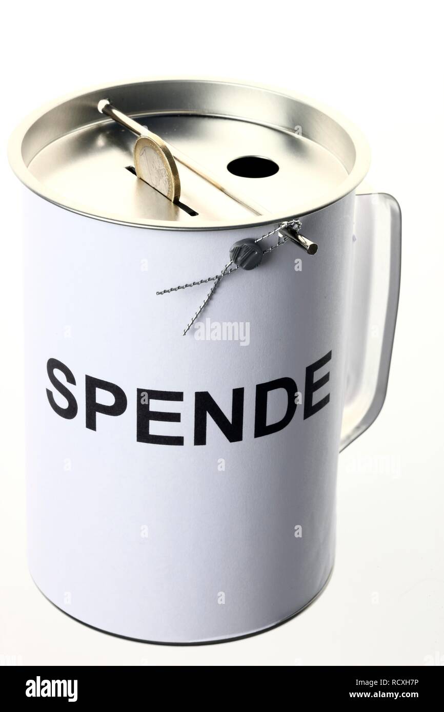 Donazione casella spende, Tedesco per donazione, con fessure per le monete metalliche e le bollette con un sigillo di sicurezza per proteggere contro Foto Stock