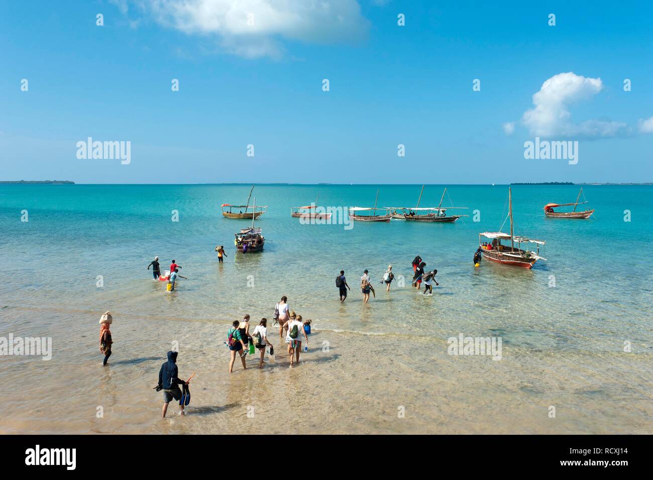 I turisti wade attraverso l'acqua poco profonda per barche, Menai Area di Conservazione, Zanzibar, Tanzania Foto Stock