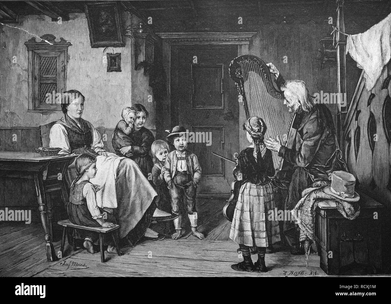 Incisione storica, house music con il suonatore d'arpa, 1888 Foto Stock