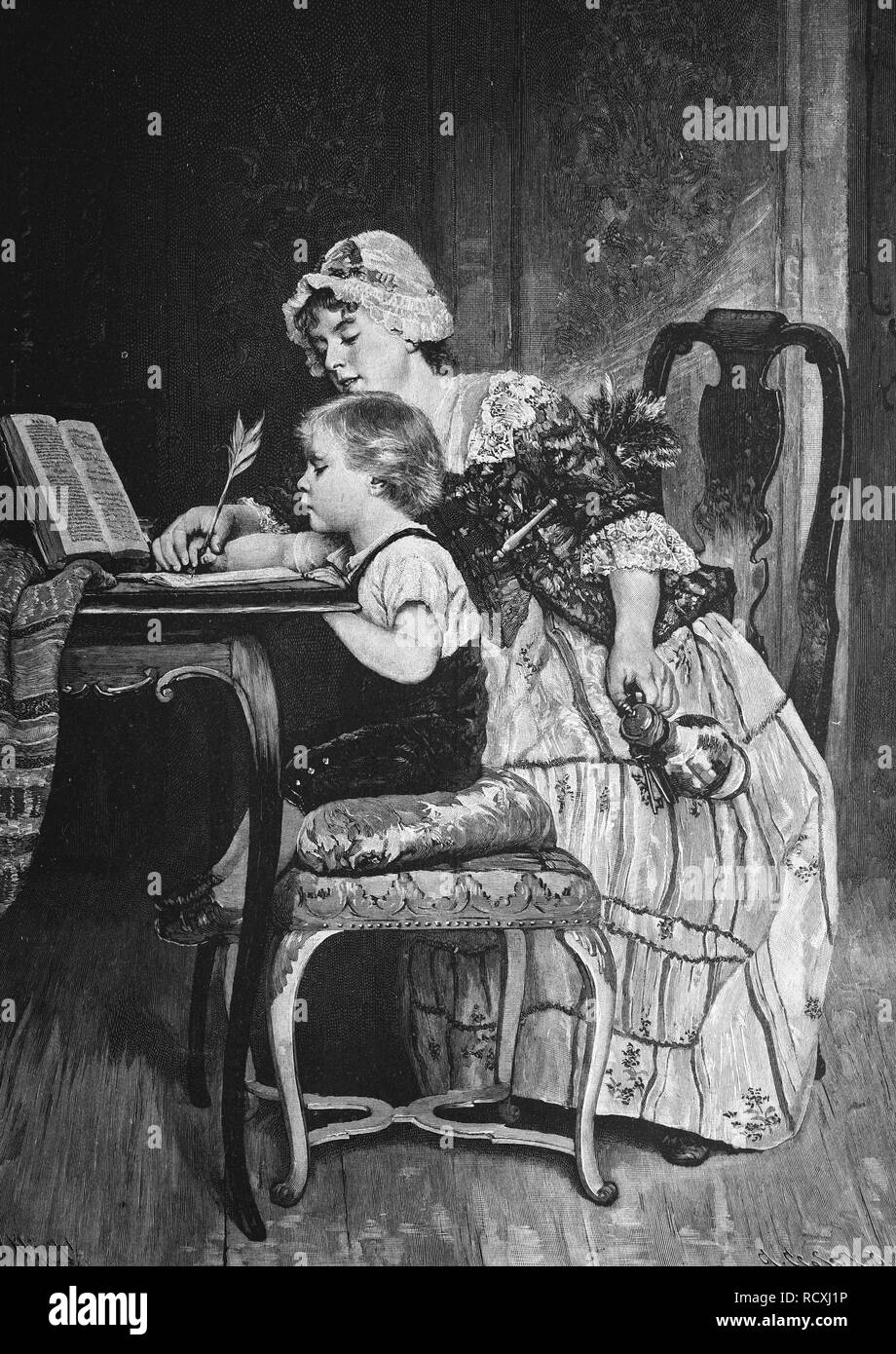 Incisione storica, bambino ad imparare a scrivere, 1888 Foto Stock