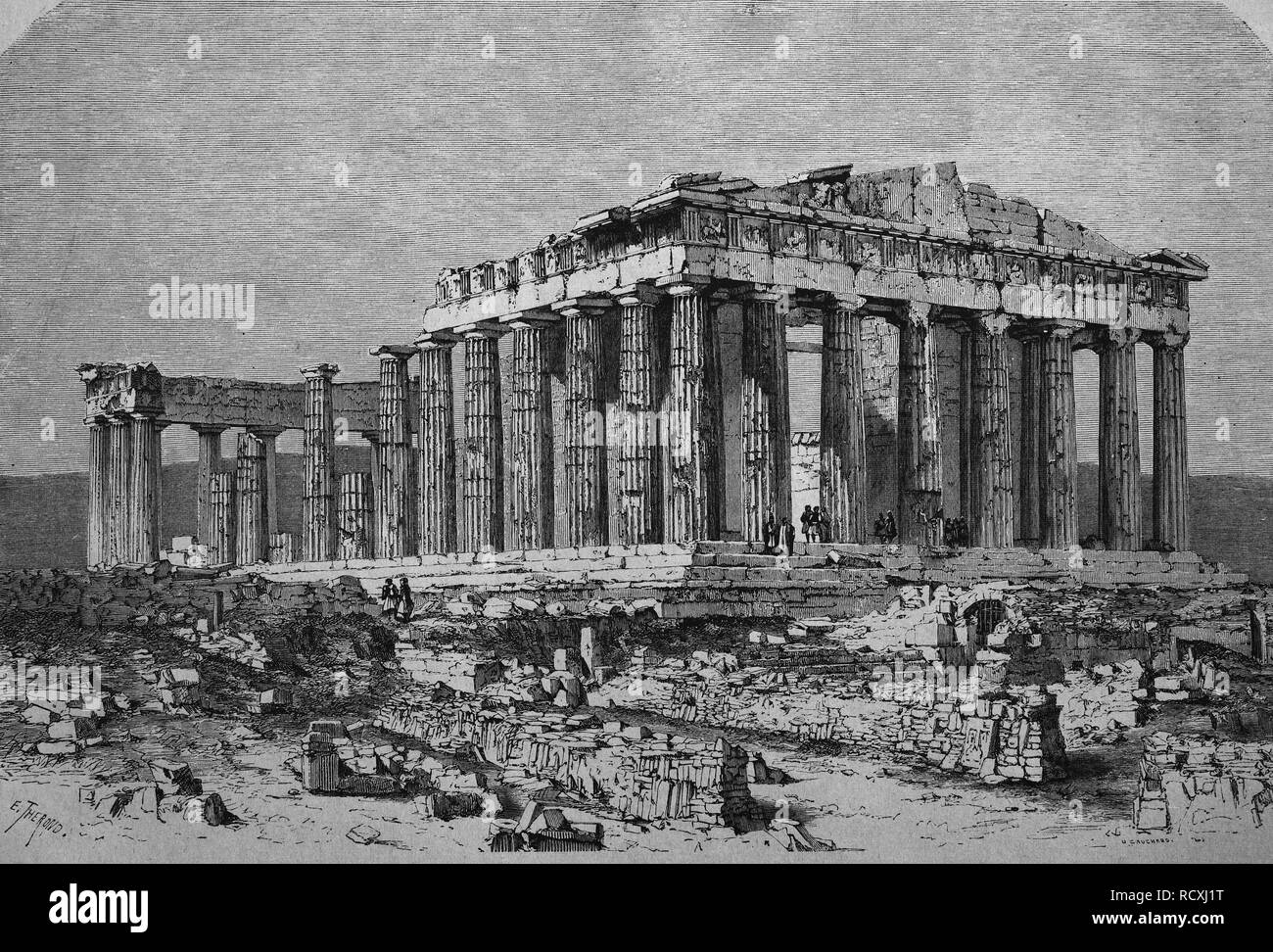 Incisione storica, le rovine del Partenone di Atene, Grecia, 1888 Foto Stock