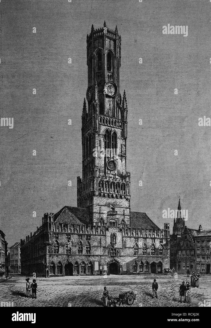 Incisione storica, campanile di Bruges, Belgio, 1888 Foto Stock