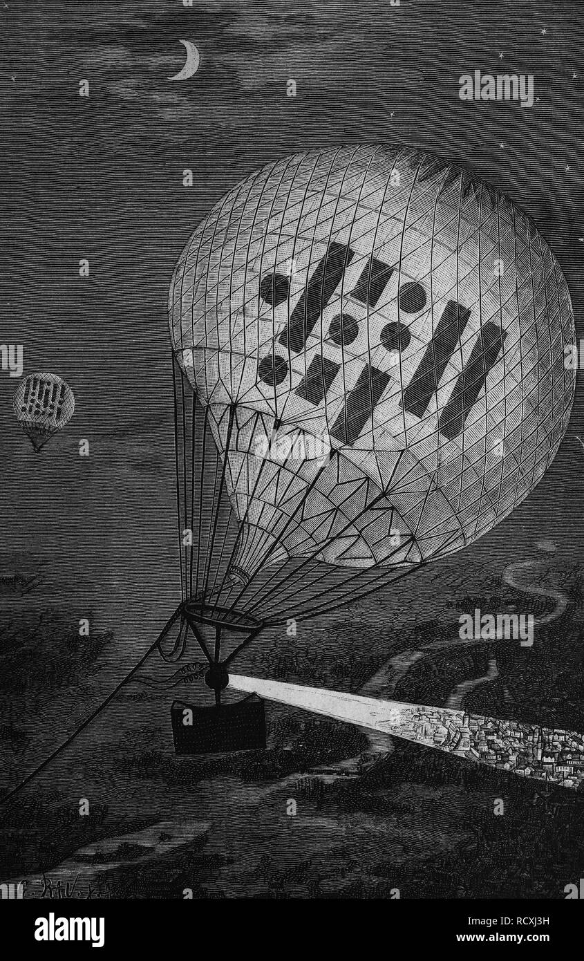 La trasmissione di segnali con palloncini, xilografia 1888 Foto Stock