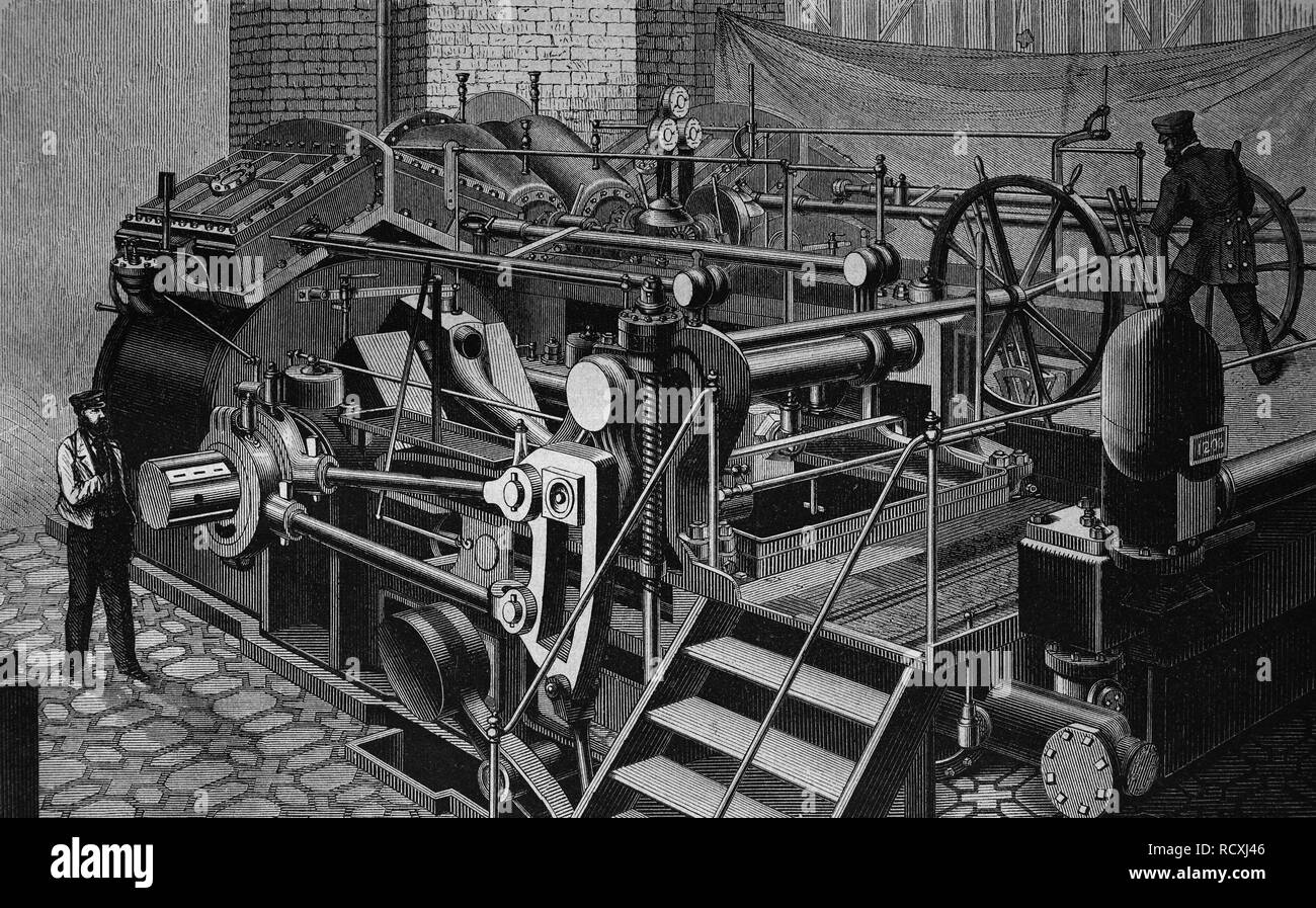 Motore a vapore di una nave da guerra, xilografia 1888 Foto Stock