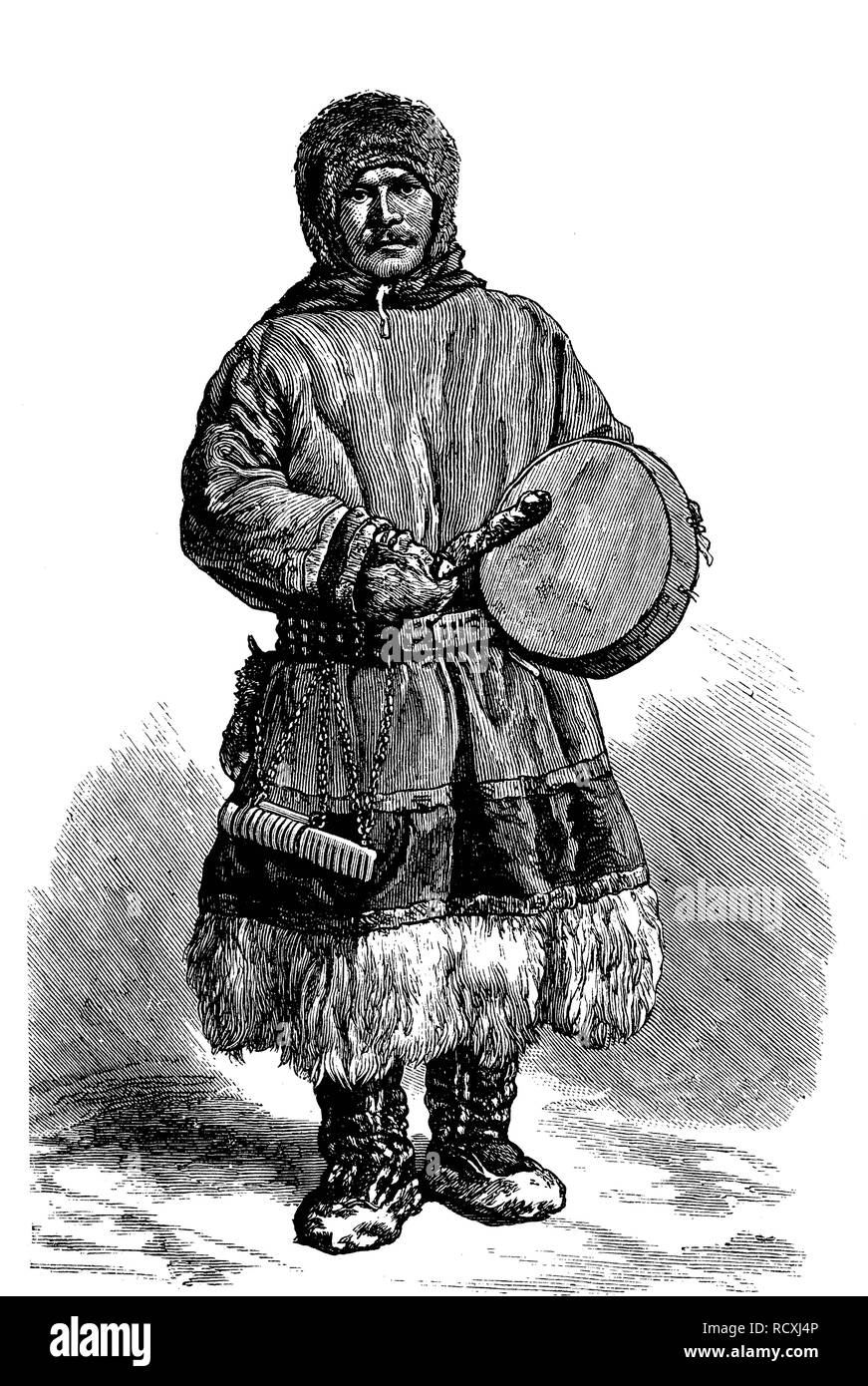 Uomo di Samoyeds, Samoiedo, Samoiedo popoli, monti Urali, Russia, xilografia 1888 Foto Stock