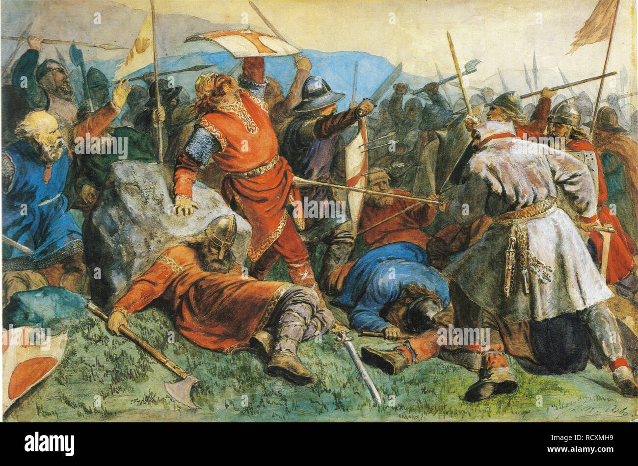Sant Olav nella battaglia di Stiklestad. Museo: il Museo Nazionale di Arte, Oslo. Autore: Arbo, Pietro Nicolai. Foto Stock