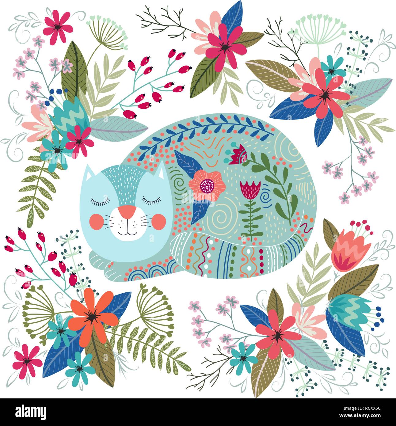 Vettore d'arte illustrazione colorata con cute cat e fiori. Illustrazione Vettoriale