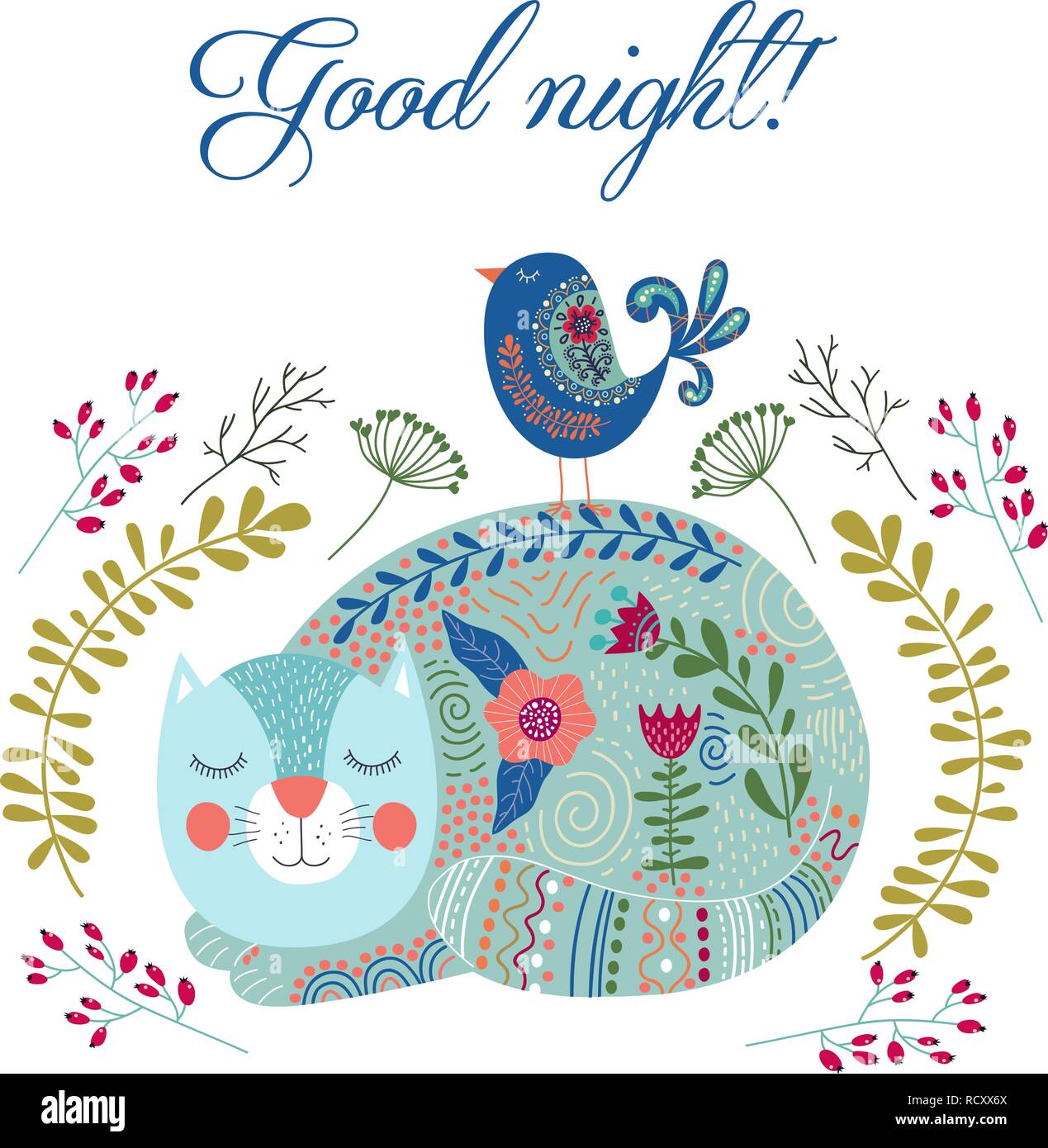 Buona notte. Vettore d'arte illustrazione colorata con cute cat, uccelli e fiori. Illustrazione Vettoriale