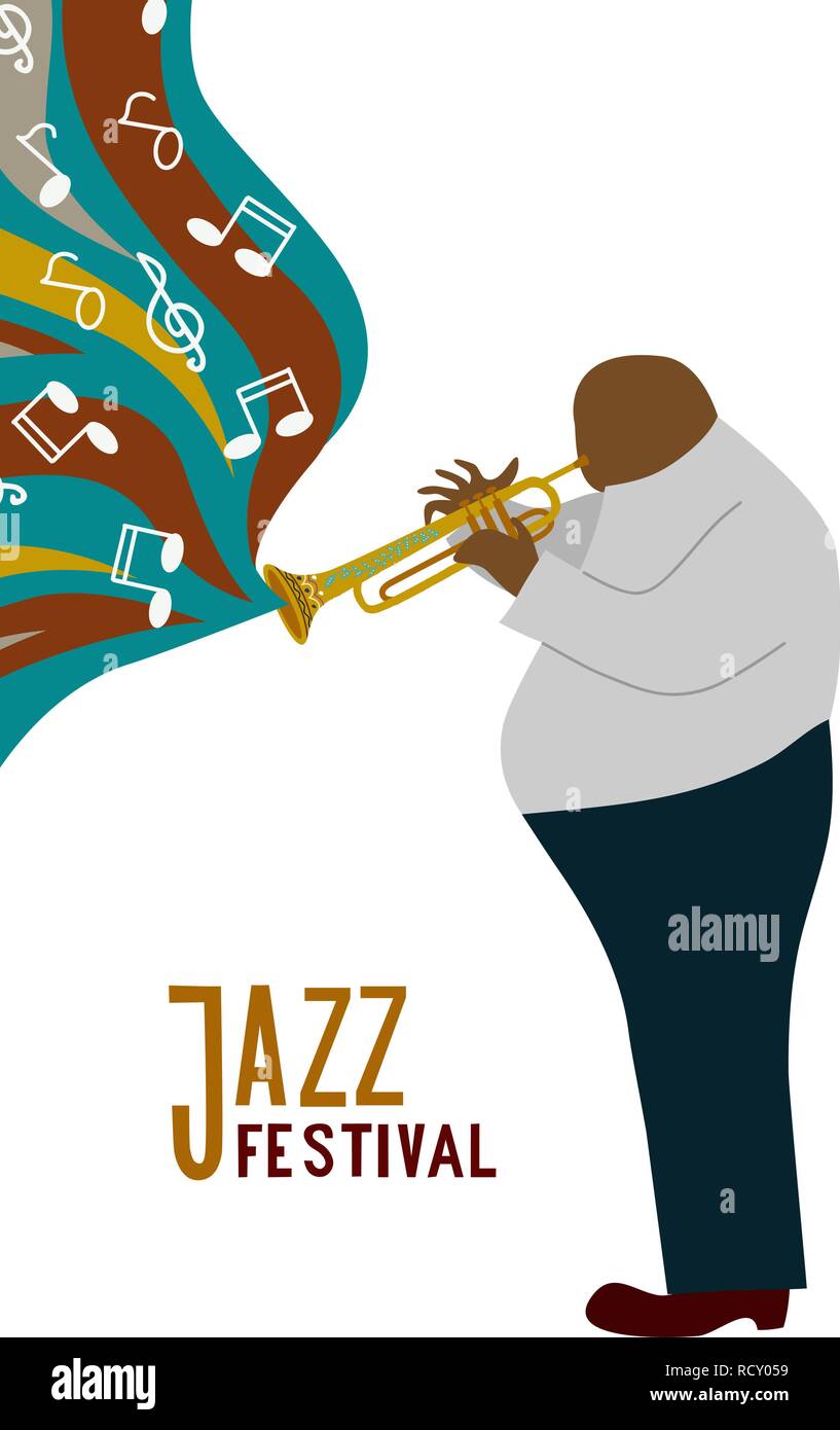 Isolato nero uomo grasso giocando trombone personaggio dei fumetti e note,jazz festival di scritte, piatto doodle vettore Illustrazione Vettoriale