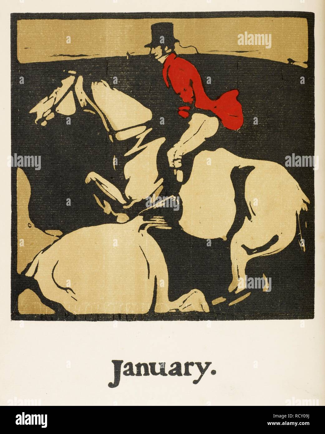 Immagine da un calendario sportivo. Gennaio. Un uomo in un rivestimento di colore rosso su un cavallo bianco. Huntsman. La caccia. . Almanacco dello sport per 1897. Londra Inghilterra 1898. Illustrazione di Rudyard Kinpling.uno di una edizione di venti copie. Fonte: file Kipling 546. Lingua: Inglese. Autore: NICHOLSON, William. Foto Stock