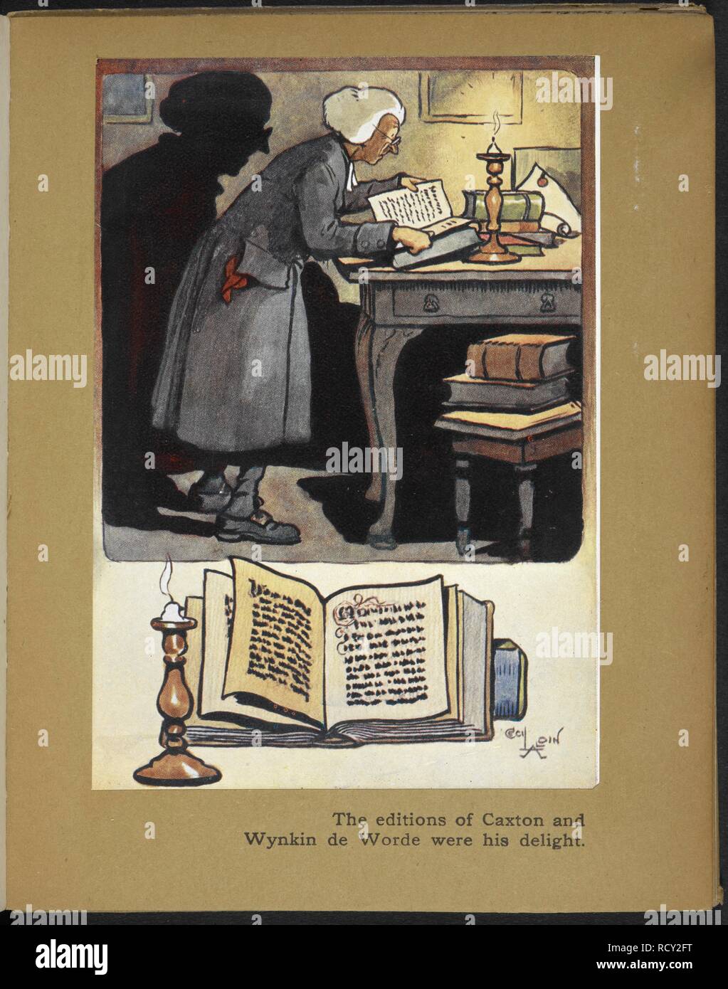 Le edizioni di Caxton e Wynkin de Worde erano la sua gioia - un uomo la lettura a lume di candela . Il giorno di Natale. (Vigilia di Natale.) [dal bozzetto libro.] ... Nella foto a colori da Cecil Aldin. London : Hodder & Stoughton, [1910]. Da 'Giorno di Natale". Fonte: 12350.v.23. La piastra 1. Foto Stock