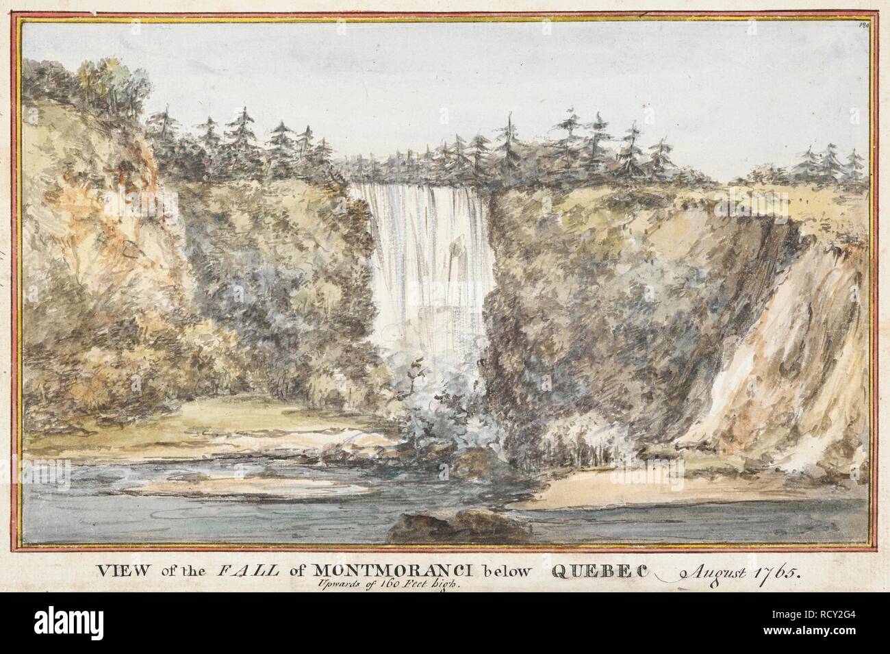 Una cascata da scogliere; gli alberi nelle vicinanze. Vista la caduta di MONTMORANCI sotto QUEBEC : verso l'alto 160 piedi alta. Agosto 1765. Acquerello. Fonte: Mappe K.Top.119.44. Lingua: Inglese. Foto Stock