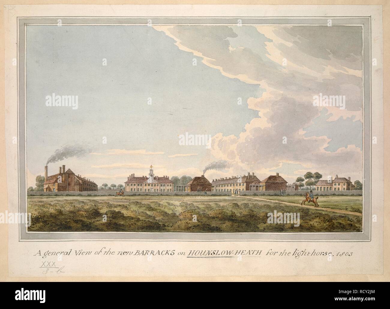 Una vista generale della nuova caserma a Hounslow Heath per la lighthorse, 1803. Brughiera in primo piano; un cavallo e cavaliere su un percorso; edifici militari dietro un recinto di distanza; i soldati in piedi da un cancello. . Una vista generale della nuova caserma a Hounslow Heath per la lighthorse, 1803. 1803. 1 disegno : penna e inchiostro con acquerello ; foglio 23.1 x 32.1 cm. Fonte: Mappe. K.Top.30.3.b. Foto Stock