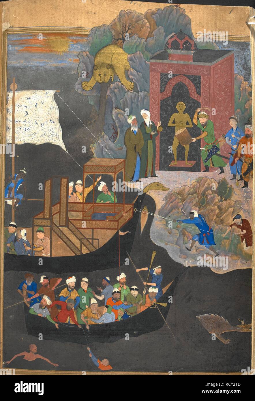 Iskandar sull'isola vicino alla â€˜Lionâ€™s Mouthâ€™ idromassaggio battendo il wolfskin tamburo del bronzo talismano per ancora le acque. (Una delle figure in barca è mostrato a somiglianza di Husain Baiqara). Khamsa. ("Cinque poesie'), da Nizami. Herat, 1494-1495. Acquerello opaco. Fonte: o. 6810, f.225v. V.o. persiano. Foto Stock