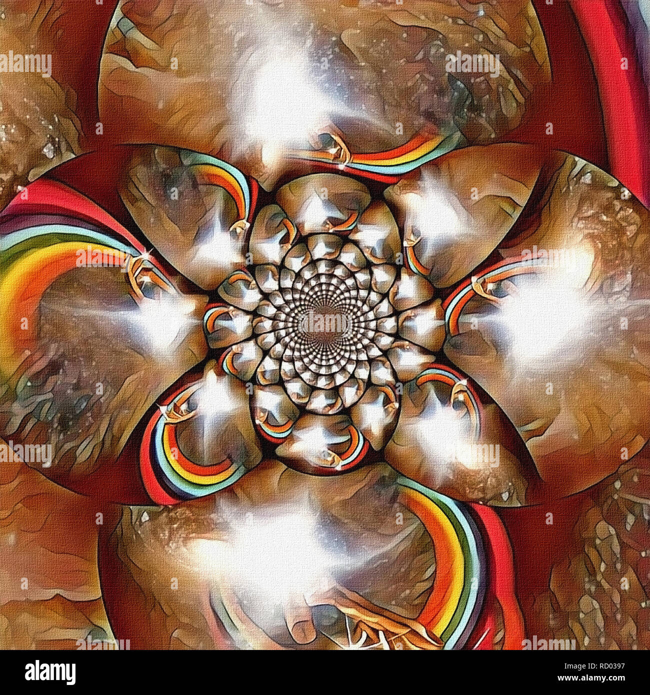 Una pittura astratta. Mirroring di round frattale con mani di Dio, luce e Rainbow. Foto Stock