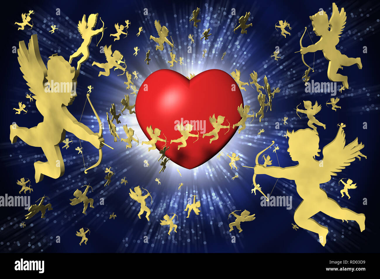 3D'illustrazione. Valentino, cuore e Cupido. Lo sfondo è blu. Foto Stock