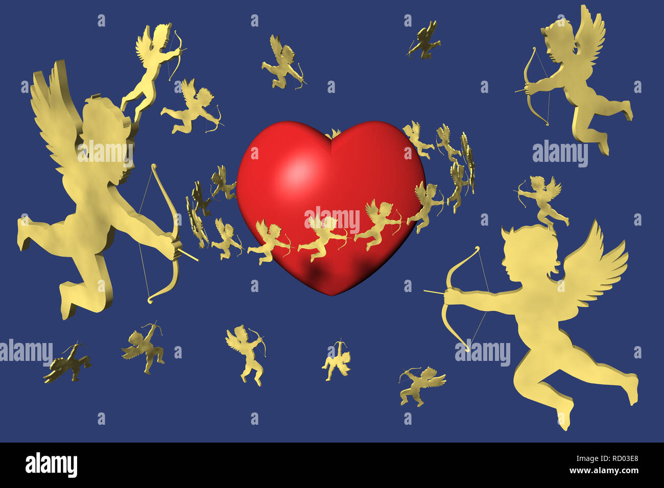 Valentino, cuore e Cupido. Lo sfondo è blu. Foto Stock