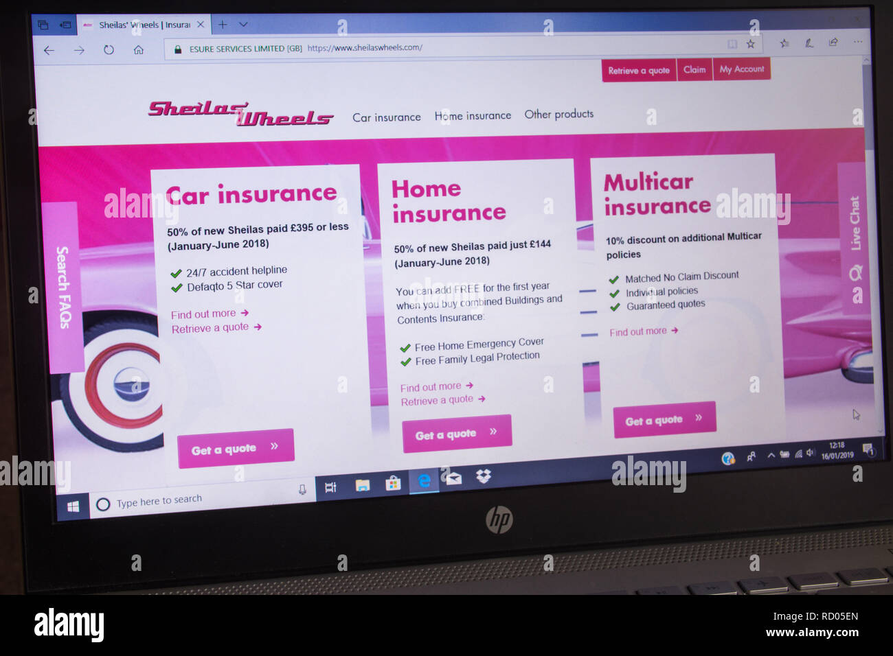 Di Sheila ruote compagnia di assicurazioni annuncio sul computer portatile - screenshot del sito web Foto Stock