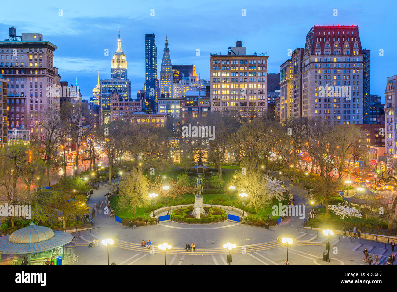 New York, New York, Stati Uniti d'America cityscape su Union Square in Manhattan inferiore al crepuscolo. Foto Stock
