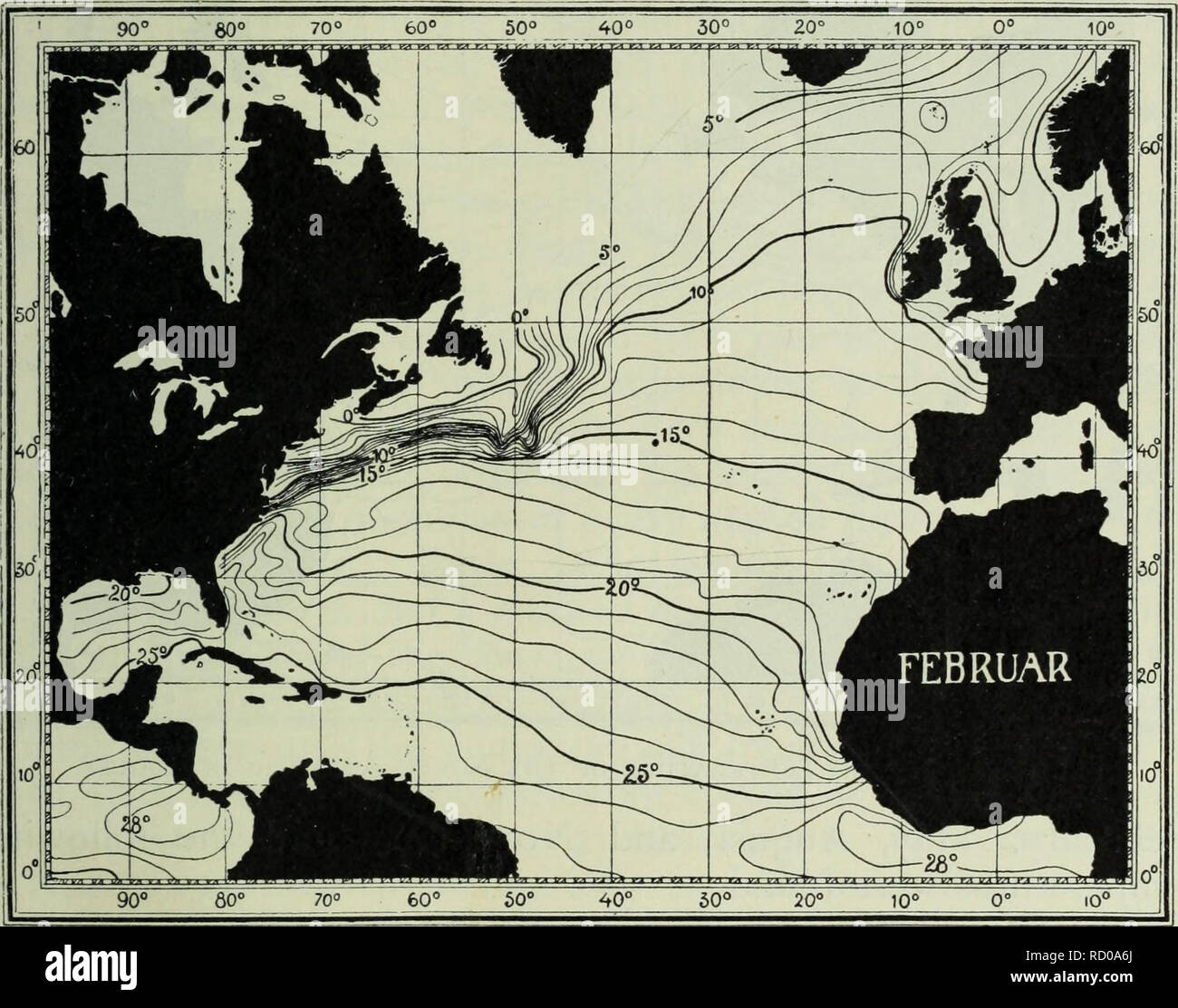 . La profondità dell'oceano; un conto generale della scienza moderna di oceanografia in gran parte basato su ricerche scientifiche del norvegese vaporizzatore Michael Sars nel Nord Atlantico. Oceanografia. Oceanografia fisica 227 In inverno, il calore verrà irradiata dalla superficie marina all'aria più fredda e la temperatura sarà abbassato. In Figg. 159 e 160 due mappe del Nord Atlantico, uno a febbraio e uno ad agosto, sono riprodotti da Atlantischer Ozean, ein Atlas, pubblicato dalla Deutsche Seewarte ad Amburgo. Nel febbraio mappa la isoterma di 25° C. corre dalle Antille verso t Foto Stock