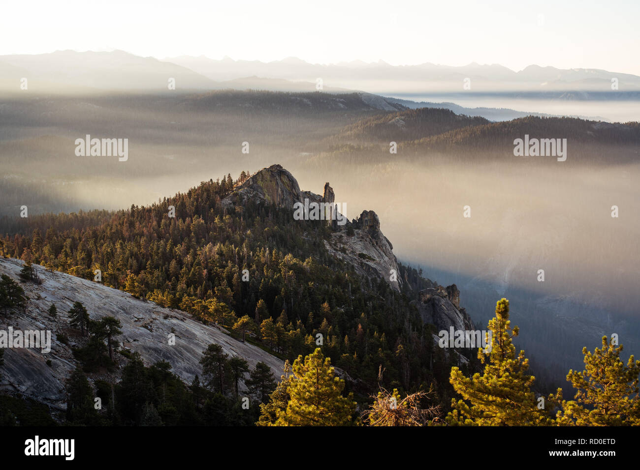 Piena di fumo valle dietro il camino Rock di Sunrise, Sequoia National Park, California, Stati Uniti Foto Stock
