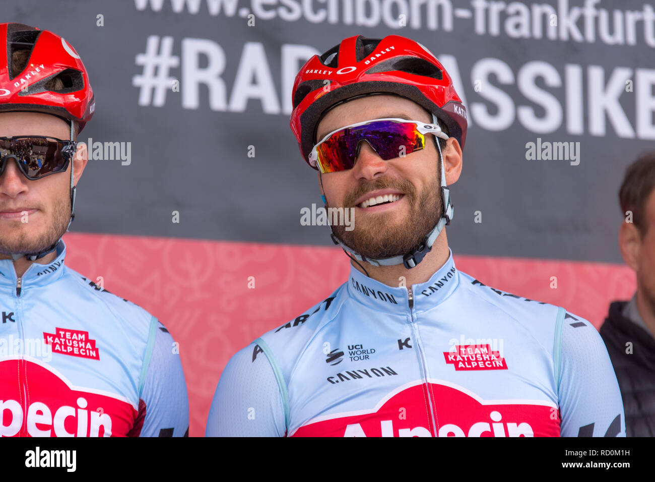 ESCHBORN, Germania - 1 maggio 2018: Rick Zabel (Team Katusha Alpecin) a Eschborn-Frankfurt corsa di ciclismo Foto Stock