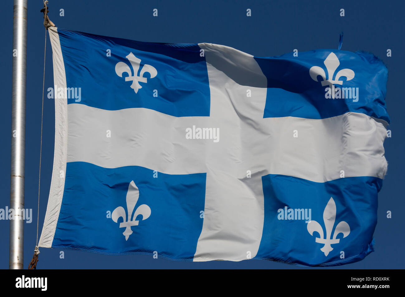 La bandiera provinciale del Quebec vola in Quebec, Canada. Il blu e bianco bandiera porta quattro fleur-de-lys emblemi. Foto Stock